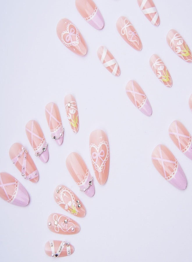 KKUUOO Pink Press on Nails, Almond Fake Nails, Rhinestone Glossy False Nail for Women Nails Manicure Decoration, Full Cover Acrylic Stick on Nail with Bowknot Love 3D Pearl Designs 24Pcs - Image 3